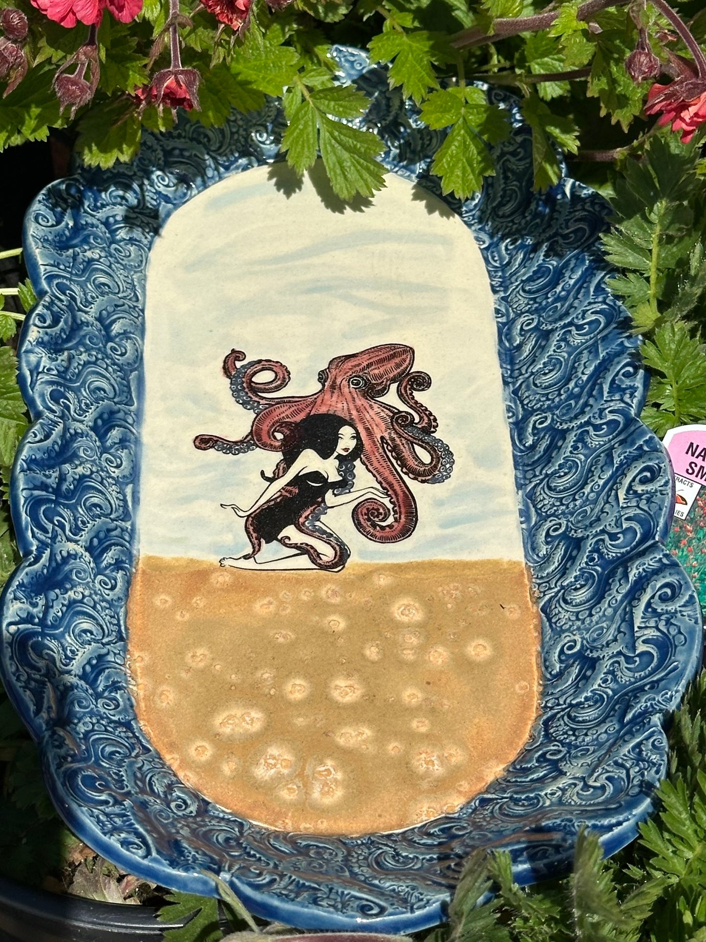 Oblong Textured Scalloped Dish - Pinup Octopus Kneeling - Deep Sea Octotangle