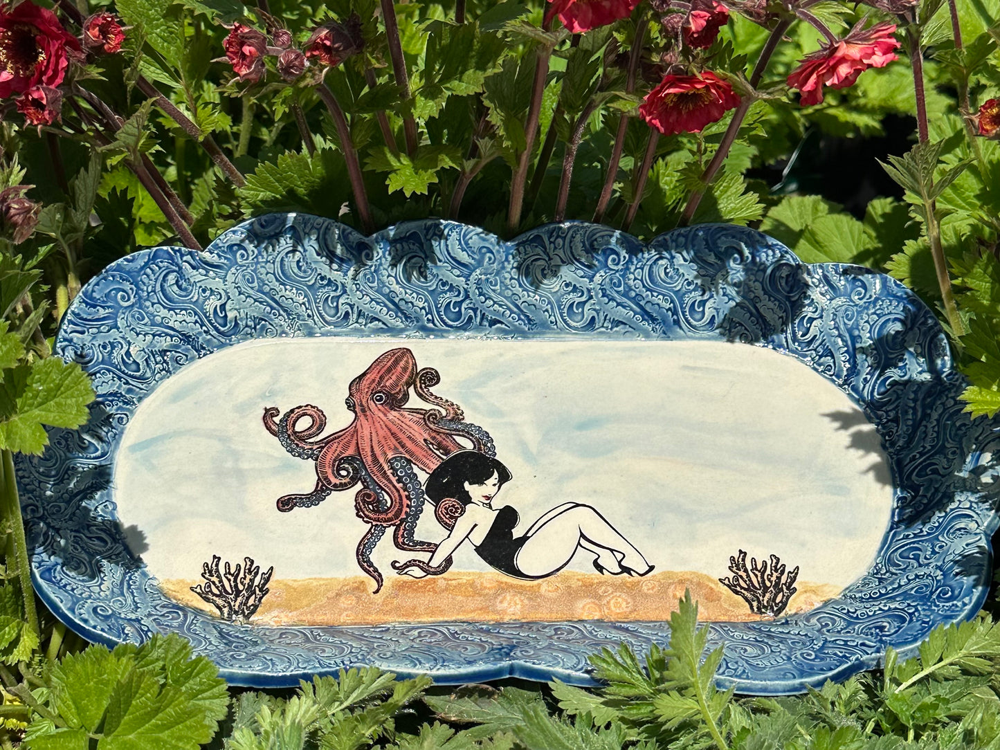 Oblong Textured Scalloped Dish - Pinup Octopus Sitting - Deep Sea Octotangle