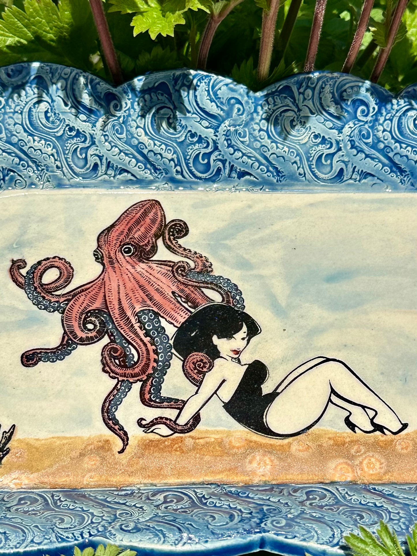 Oblong Textured Scalloped Dish - Pinup Octopus Sitting - Deep Sea Octotangle