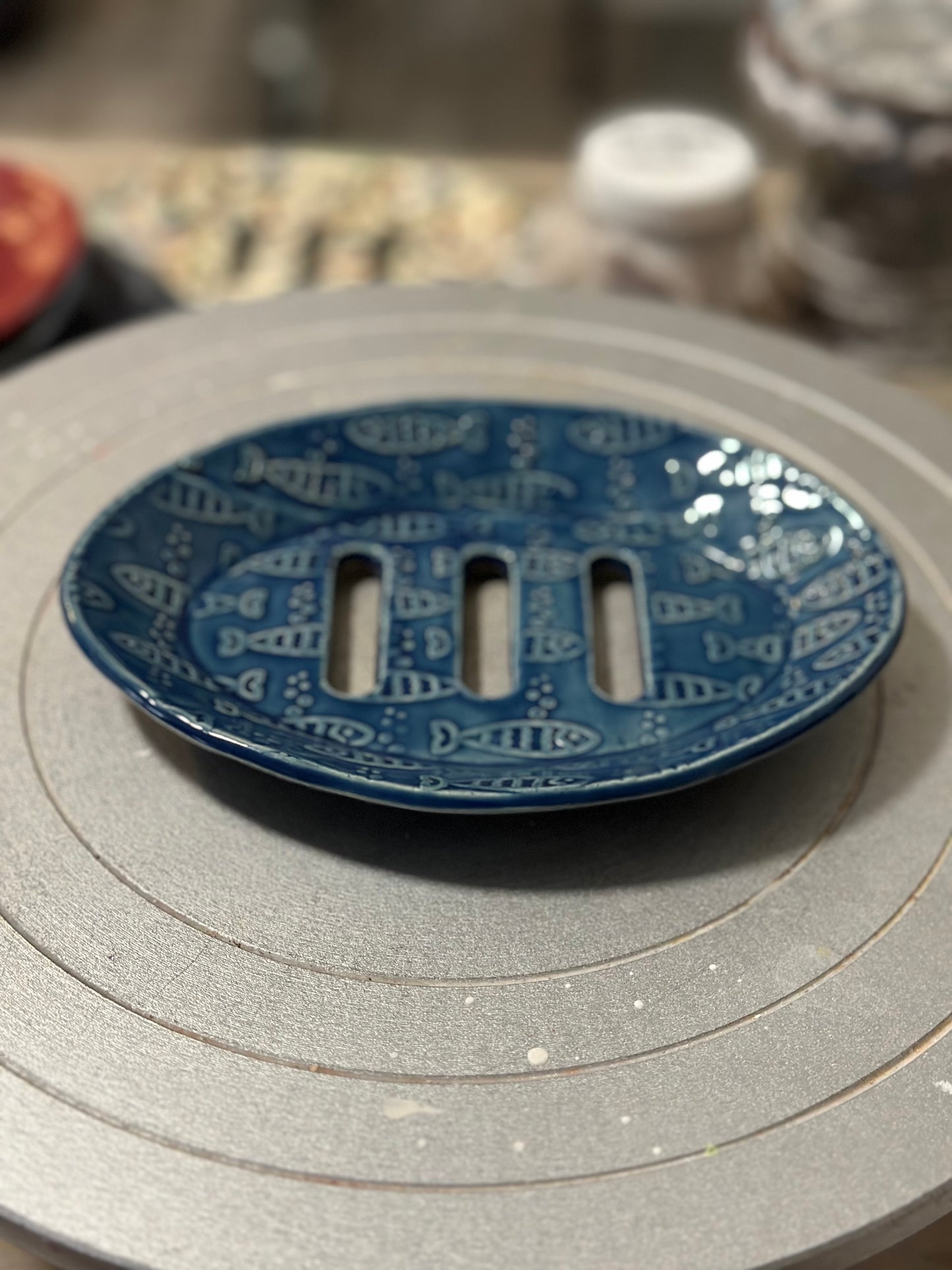 Soap Dish Oval - Blue Textured Fish w/Feet