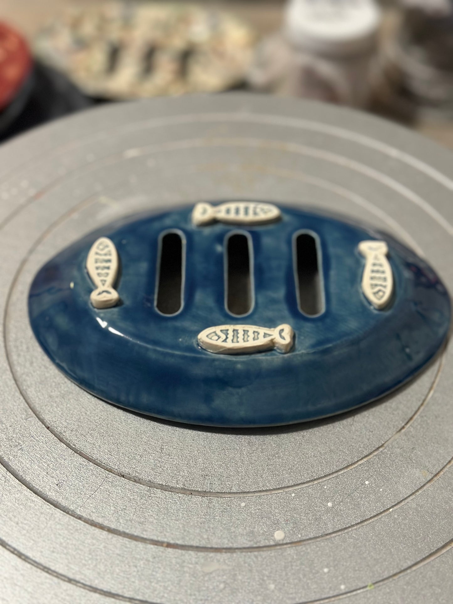 Soap Dish Oval - Blue Textured Fish w/Feet