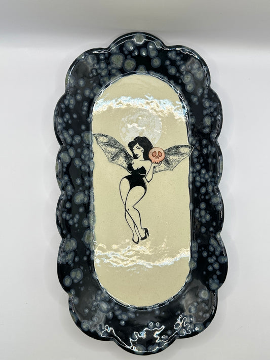 Oblong Scalloped Dish - Pinup Bat Wing - Night Moth