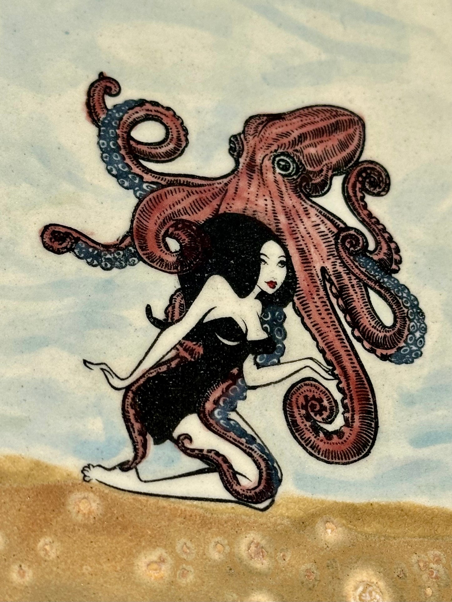 Oblong Textured Scalloped Dish - Pinup Octopus Kneeling - Deep Sea Octotangle
