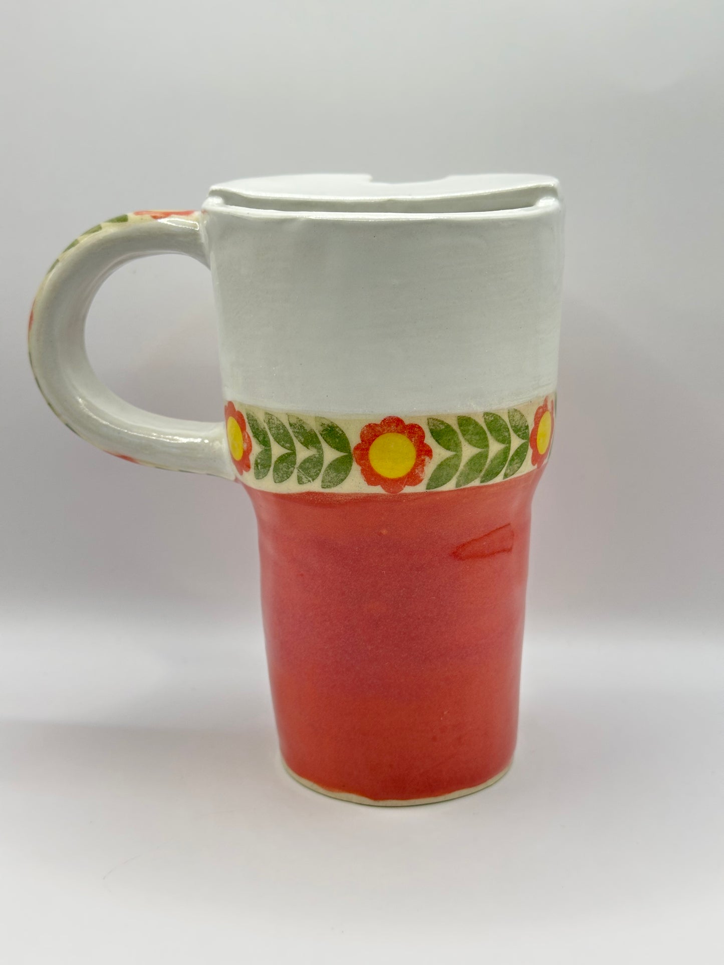 Travel Mug 16 oz - Step Tapered Scandi Floral-Raspberry Mist & White